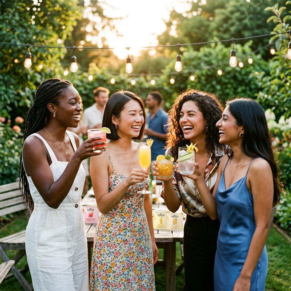 Group of friends at a garden party holding OFTN cocktails